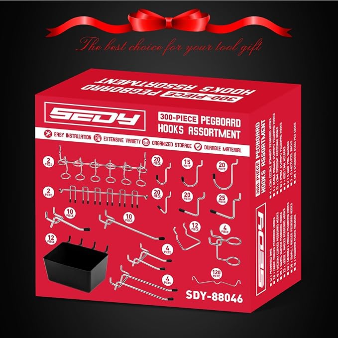 300-Piece Pegboard Hook Set, Pegboard Organizer Accessories for Hanging, Durable Metal Hooks for Tool Organization, Garage, Workshop, and Craft Storage