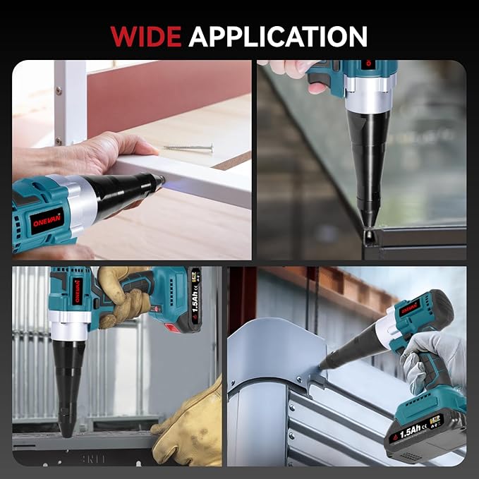 Cordless Rivet Gun with 2PCS Batteries and 1.2A Fast Charger, Brushless Electric Rivet Gun, 0.78" Stroke Length, Rivet Gun Kit for 1/8", 5/32", 3/16" Stainless & Aluminum Rivets