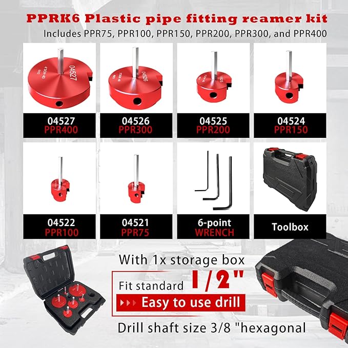 04529 for PPRK6 Plastic Pipe Fitting Reamer, PVC Pipe Reamer Kit, PVC Reed Pipe Reamer Contains 3/4",1",1-1/2",2",3",4" Aluminum Head Fit into Standard 1/2" Drill for CPVC, PPR or ABS