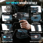 Cordless Impact Wrench 1/2 Inch, 1500 N.m/1106ft-lbs Brushless Impact Wrench Gun Compatible with Makita/Dewalt (No Battery), Electric Power Impact Driver for Car Home (For Makita Battery)