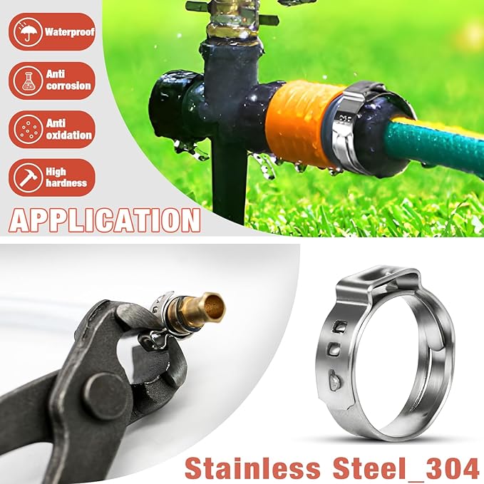 AKIHISA 300pcs 16 Sizes Single Ear Hose Clamps, 5.3-36.1mm Stainless Steel_304 Crimp Hose Clamps Cinch Rings Assortment Kit for Automotive, Pipe, Plumbing