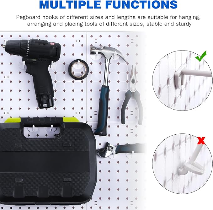 84 Pcs White Pegboard Hooks Plastic Straight Hook Fits 1/4" Pegboards Accessories Multiple Size Peg Board Hooks for Craft Storage Tool Room Kitchen Garage Organizer Tools Display