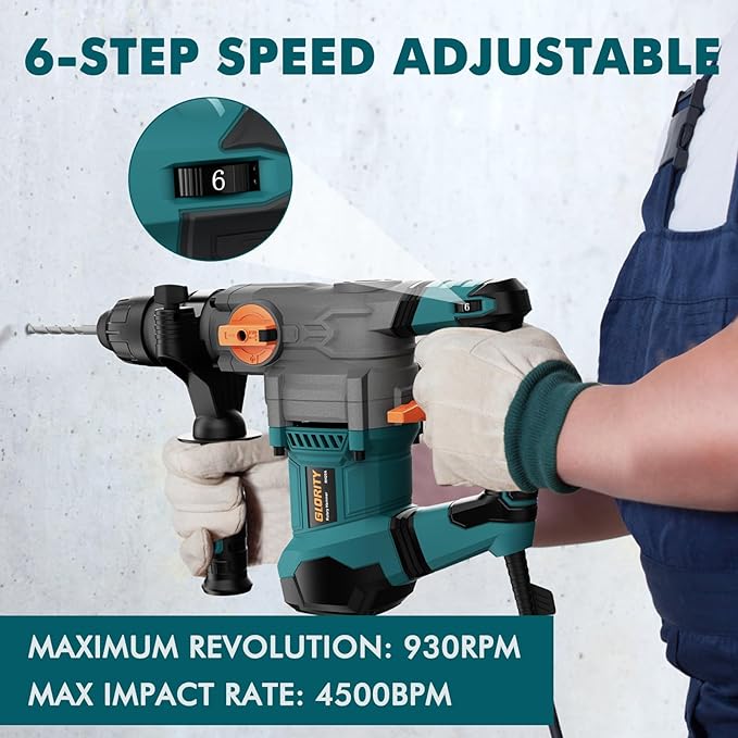 1-1/4 Inch SDS-Plus 13 Amp Heavy Duty Rotary Hammer Drill with Safety Clutch 4 Functions and Variable Speed, Including Chisels and Drill Bits