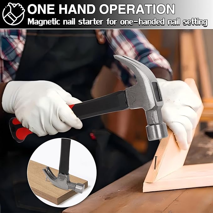 16OZ Claw Hammer with Fiberglass Handle, Drop Forged Claw Hammer, All Purpose Hammer, Smooth Face, Shock-Absorbing Grip