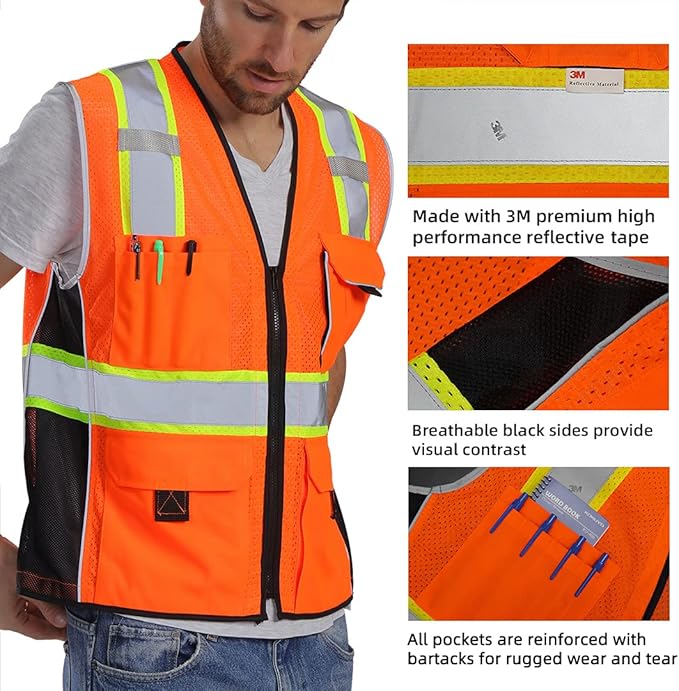 Dib Safety Vest Reflective Orange Mesh, High Visibility Vest with Pockets and Zipper, Heavy Duty Vest Made with 3M Reflective Tape 2XL