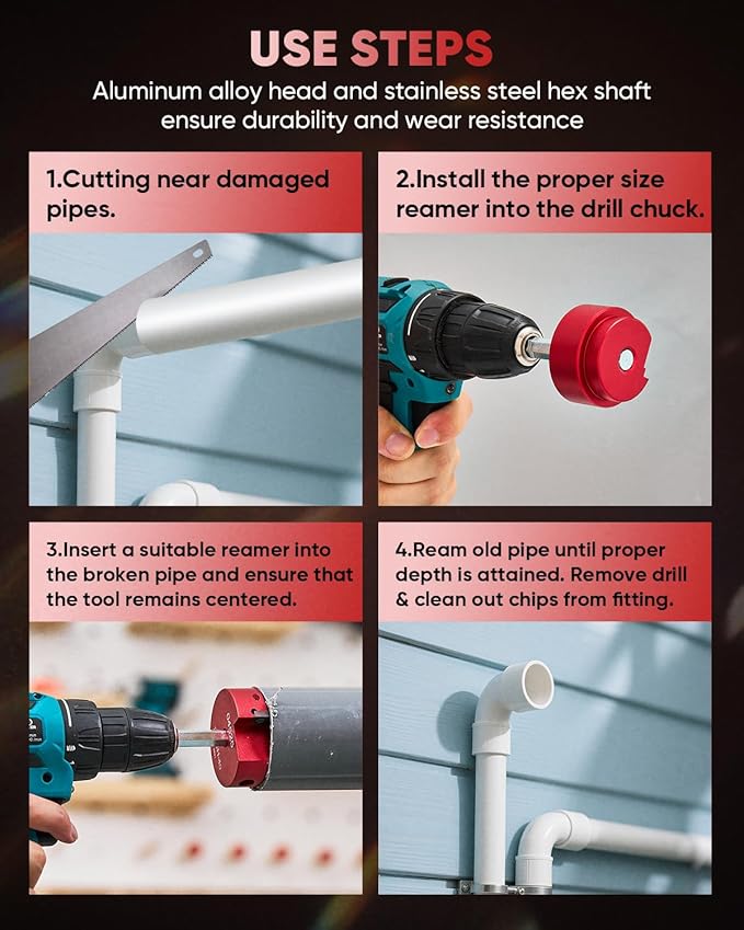Saker PVC Pipe Reamer Kit, PVC Fitting Saver with 2inch Head, For SCH40, ABS Pipe,CPVC Perfect for Plumbing Repairs, Fits Standard 1/2" Drill