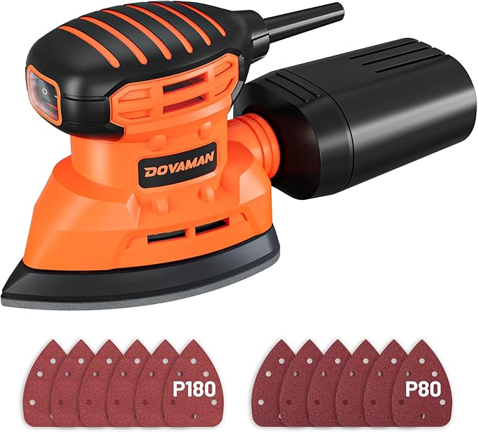 DLS03A Detail Sander, 130W Palm Sander Tool, Dust Collection System, 12PCS Sandpaper, 12000RPM Compact Hand Sander for Wood Steel Surfaces