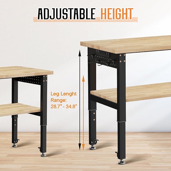 SPECRAFT Adjustable 2-Tier Workbench with 4 AC Outlet and 2 USB Ports Power Outlets, 2000 Lbs Capacity Heavy Duty Workbench, Rubber Wood Top for Garage, Workshop, Office（48x20in）