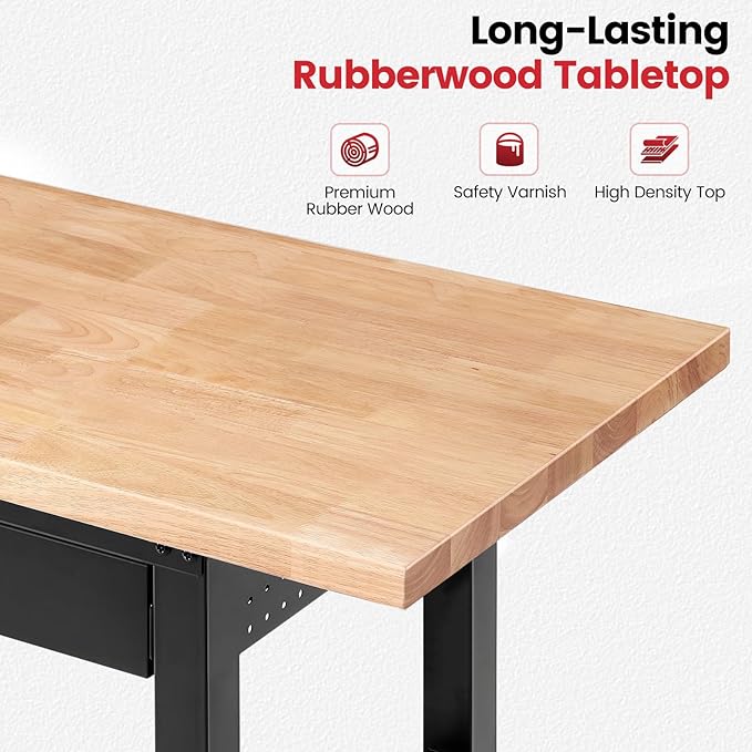 Work Bench for Garage with Shelf Bracket 60 x 22 Inch Heavy Duty Rubberwood Tabletop Work Table Adjustable Height Workbench with Drawer, Power Outlets for Woodworking Shop, Home, Office