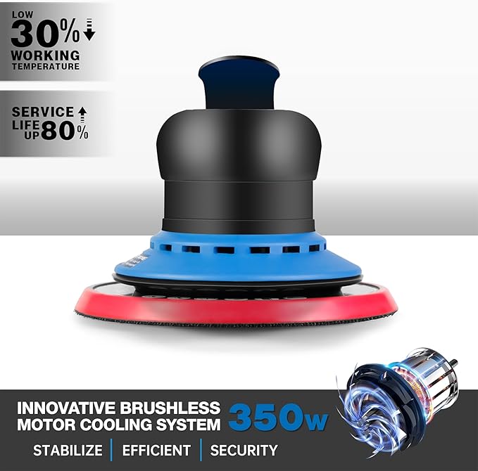 Electric 5mm Random Orbital Sander, Brushless 350W Low Vibration Orbital Sander, 6Inch Backing Pad, 7 Variable Speed (4000-10000RPM), Handheld Sanders for Surface Refinish, Woodworking, Cord 5M