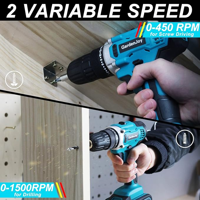 GardenJoy Cordless Power Drill Set - 21V Electric Drill Driver Kit with Battery and Fast Charger, 65pcs Acessories, 2 Variable Speed Control, 3/8-Inch Keyless Chuck and 24+1 Torque Setting