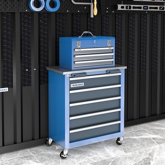 Metal Tool Box,3 Drawer Tool Box with Top Storage Tray, Portable Tool Chest with Locking System and Drawer Liner, Hand Carrying Tool Chest for Garage,Home or Workbench