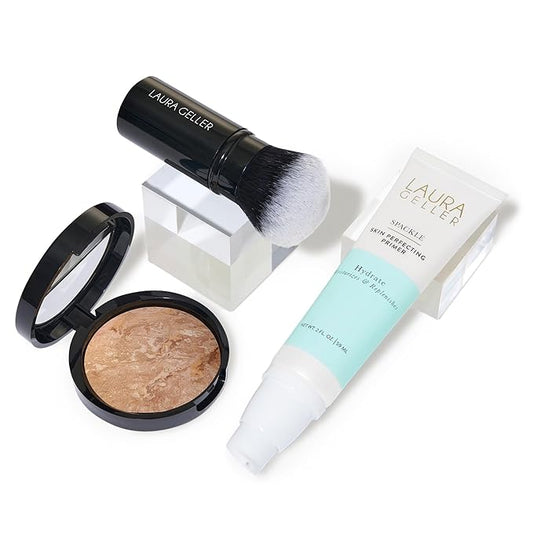 LAURA GELLER NEW YORK Laura's Must-Haves Kit 3pc: Baked Balance-n-Brighten Powder Foundation, Medium + Spackle Skin Perfecting Makeup Primer, Hydrate + Airbrush Round Kabuki Brush-VeraVaultWomen