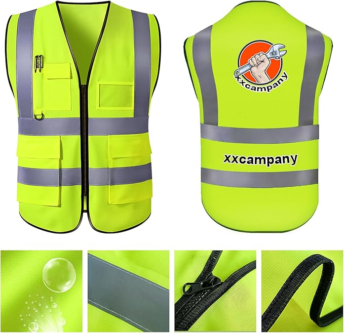 Custom Safety Vest for Men with Logo Pockets Personalized High Visibility Protective Workwear with Reflective Strip