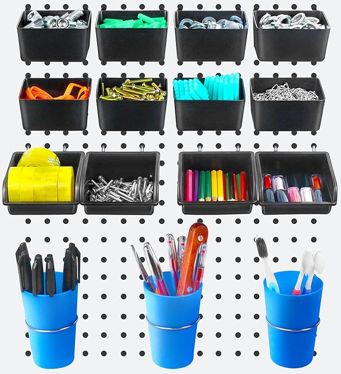Pegboard Bins Pegboard Cups 15 Packs Set with Peg Hooks Assortment Cups with Hooks Assortment Bins Accessories for Garage Craft Workshop Workbench