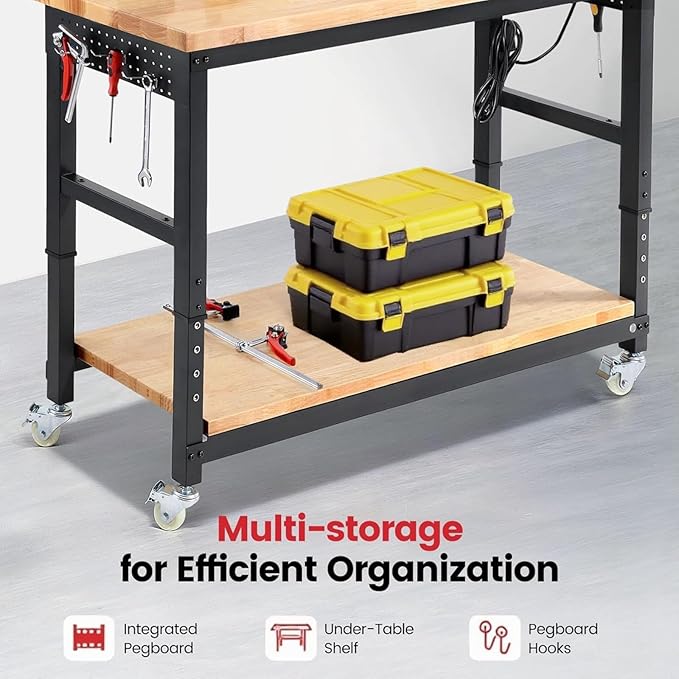 Work Bench with Double Layers 60 x 22 Inch Heavy Duty Rubberwood Tabletop Work Table Adjustable Height Workbench with Wheels, Sided Pegboard, Power Outlets for Garage Home Office