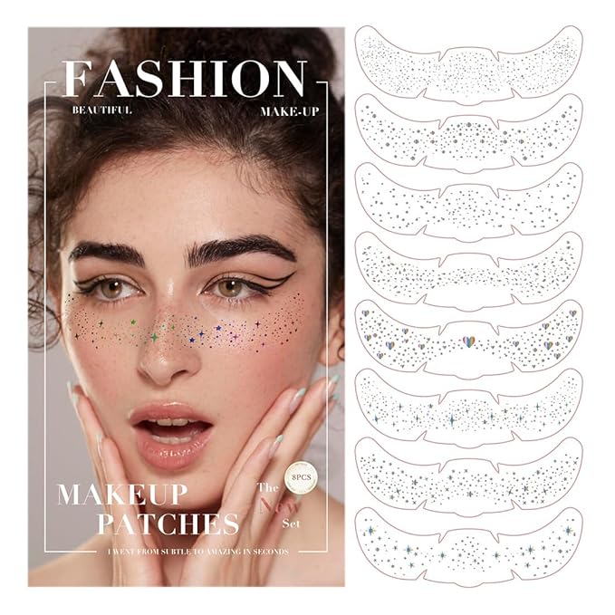 8 Pcs Gradient Rainbow Mixed Shapes Glitter Freckles Face Tattoo, Cute Sparkle Fake Speckles for Women, Face Glow Freckle Makeup Patches, Rave Event Party Supplies, Festival Accessories for Women