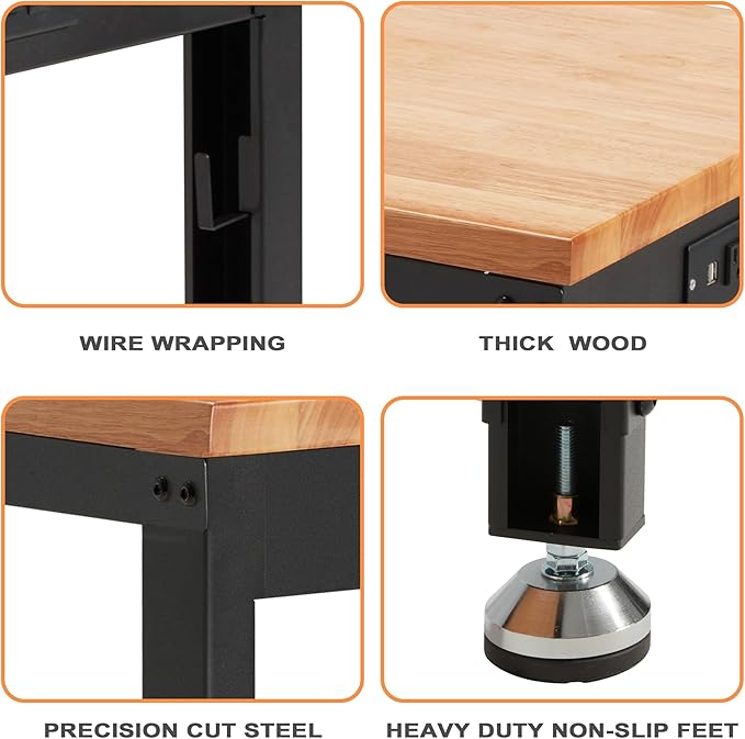 Haddockway Adjustable Workbench for Garage, 60" x 22" Rubber Wood Top Worktable with Power Outlets, Max 2000 Lbs Load Capacity Heavy Duty Workstation for Workshop Office Home (Black Frame, 60in)