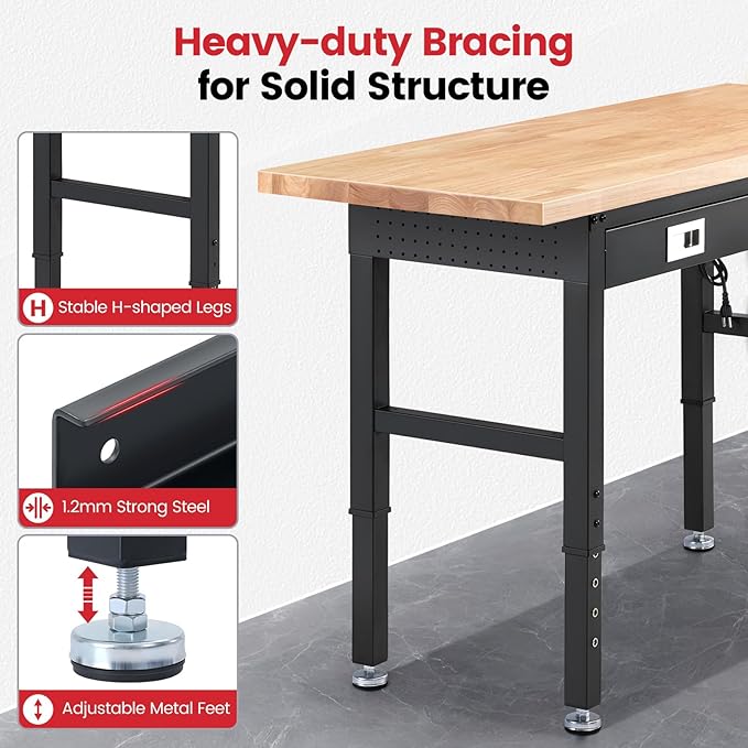Work Bench with Shelf Bracket 60 Inch Heavy Duty Rubberwood Tabletop Workbench for Garage Adjustable Height Work Table with Drawers, Power Outlets for Woodworking, Home, Office, Workshop