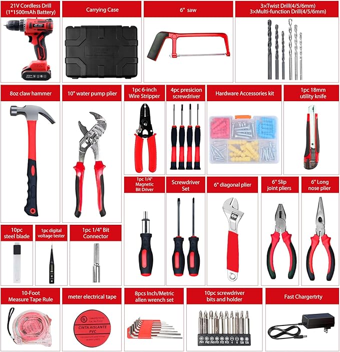 jar-owl 21V Max Cordless Drill/Driver Kit, Brushless, Tool Set with Drill and 112pcs Household Hand Tool Kit for Daily Home Repair, Red