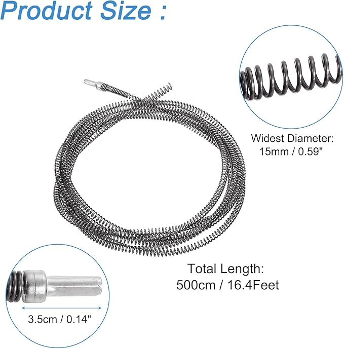 uxcell 16.4Ft Drain Auger Cable, Pipe Cleaning Spring Clog Remover, Flexible Plumbing Snake Pipe Drain Cleaner for Kitchen, Shower Sink