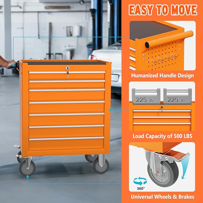 7 Drawers Rolling Tool Chest, Large Capacity Metal Tool Box with Wheels and Drawers, Tool Storage Cabinet with Keyed Locking, Tool Organizer Box for Garage, Workshop, Warehouse, Orange