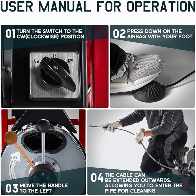 Albott 100 FT x 3/8 inch Electric Drain Cleaner Machine with Auto-Feed & 10 Cutters, Sewer Snake Auger for 1–4 Inch Pipes, Foot Switch & Wheels, Ideal for Home & Commercial Use, Gray/Red