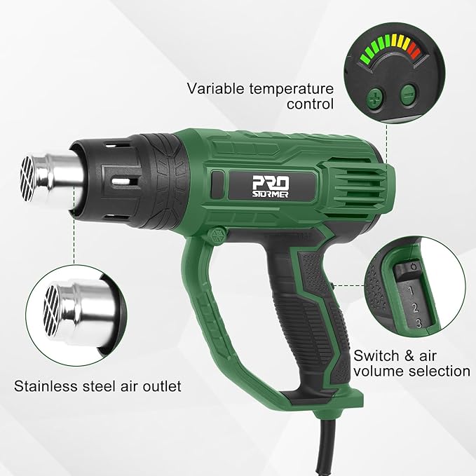 Prostormer 2000W Heat Gun, Hot Air Gun 140°F-1022°F(60°C-550°C) Variable Temperature Control for 3 Speed Settings with 4 Nozzels, for PVC, Paint Stripping, Shrink Wrapping, Crafts