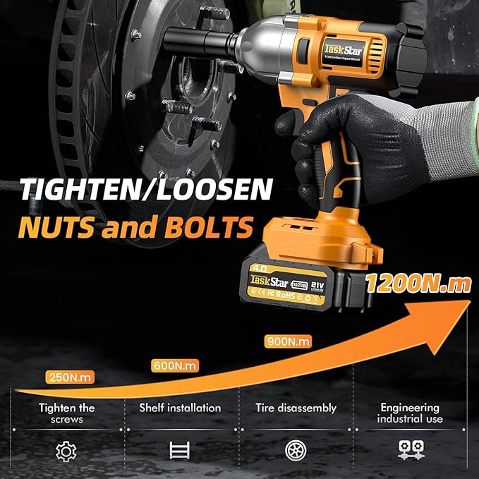 Cordless Impact Wrench 1/2 Inch, 1200N·m(886ft・lbs) Brushless High Torque Impact Gun, 21V Electric Impact Driver, 2x4.0Ah Batteries, Charger & 6 Sockets, Variable Speeds for Car/Truck RV/Mower