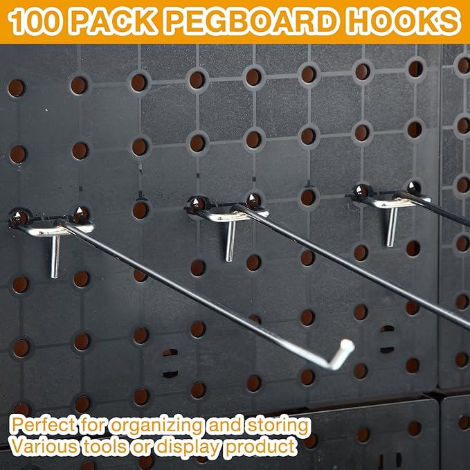 Funrous 100 Pack Peg Board Hooks Stainless Steel Pegboard Hooks Shelving Display Hanging Peg Board Holders for 1/8 and 1/4 Garage Storage Tools Organizer(10 inch)