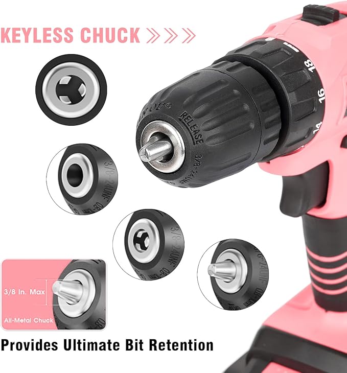 Jar-Owl 21V Pink Cordless Drill Set for Women，350 in-lb Torque, 0-1350RMP Variable Speed, 10MM 3/8'' Keyless Chuck, 18+1 Clutch, 1.5Ah Li-Ion Battery & Charger for Home DIY and Repair - Black & Pink