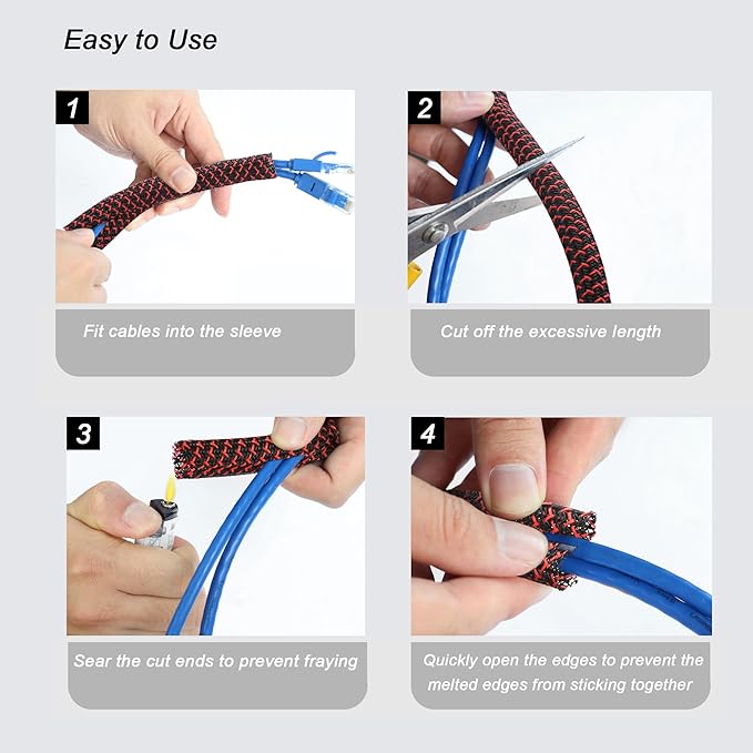 CrocSee 25ft - 1/2 inch Braided Cable Management Sleeve Cord Protector - Self-Wrapping Split Wire Loom for TV/Computer/Home Theater/Engine Bay - Black/Red