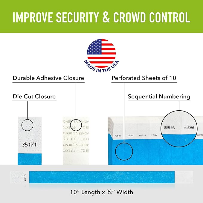 1,200 WristCo Neon Blue Tyvek Wristbands for Events - Tamper-Proof Design & Fluorescent Color Prevent Reuse Premium-Grade Bracelets for Hospital & Medical ID, Party & VIP Identification