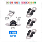 Glarks 16Pcs 8MM 2 Hole U-Tube Strap Clamp Set - 304 Stainless Steel With Rubber Cushion, Rigid Pipe U Bracket Assortment Kit for Fixing (8mm)