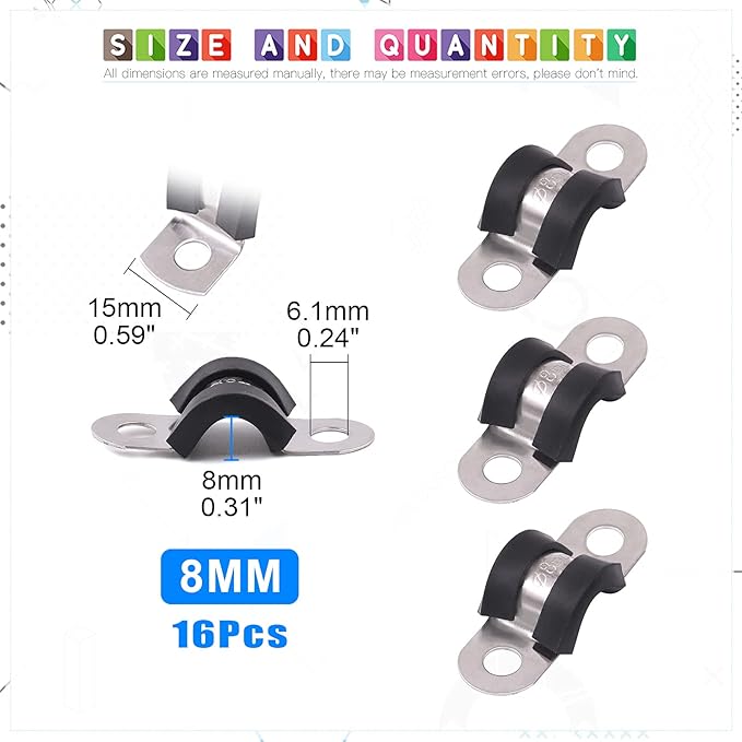 Glarks 16Pcs 8MM 2 Hole U-Tube Strap Clamp Set - 304 Stainless Steel With Rubber Cushion, Rigid Pipe U Bracket Assortment Kit for Fixing (8mm)