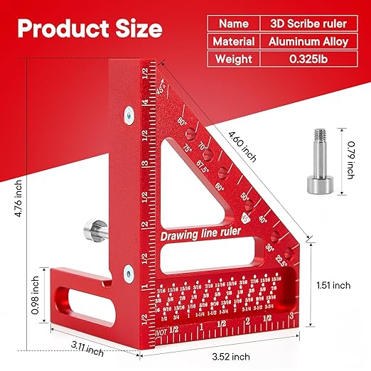 Premium Versatile Multi-Angle Carpenter Square Measuring Ruler for Woodworking, Engineering, and Construction (22.5-90 Degrees with Angle Pin) (Red)