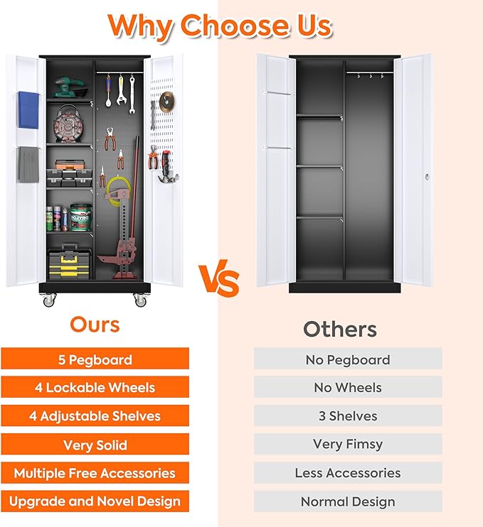 71" H Broom Storage Cabinet with Wheels and Doors,Rolling Tool Cabinet with Pegboard,Shelves and Rod for Garage Warehouse Home,Required Assembly,Black and White