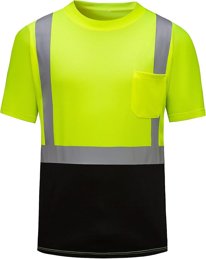 High Visibility Shirts Quick Dry Safety T Shirts with Reflective Strips and Pocket Short Sleeve Mesh Hi Vis Construction Work Class 2 Shirt for Men/Women Black Bottom Lime,2XL