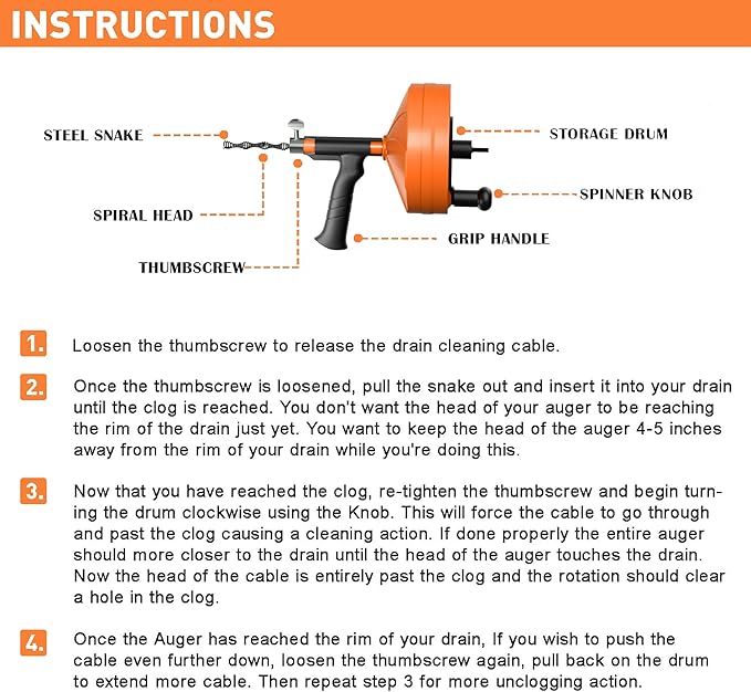 BACOENG 50Ft Drain Auger, Heavy Duty Plumbing Snake with Drill Adapter, Use Manually or Powered for Drain Clog, Shower Sink, Comes with Gloves and Bag (Orange)
