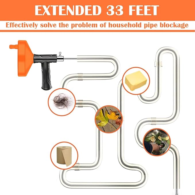 33 Feet Drain Snake Auger, Plumbing Snake Drain Hair Clog Removal Tool, Sink Unclogger Drain, Heavy Duty Toilet Snake Auger, Cleaner Tool for Bathroom Kitchen Tub Shower Drain Clog Remover with Gloves
