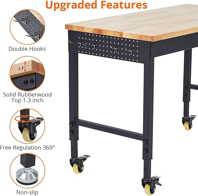 60'' Adjustable Workbench, Heavy Duty Workbench with Power Outlet and Lockable Wheels, 2000 LBS Capacity, Work Table Suitable for Office, Garage, Workshop
