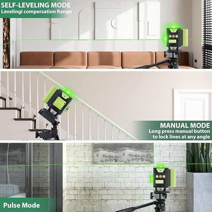 Laser Level 360 Self Leveling, 4 * 360° Green Cross Line Lazer Leveler Tool, Professional 4D Laser Level for Picture Hanging and Construction, Remote Control & 2 Batteries
