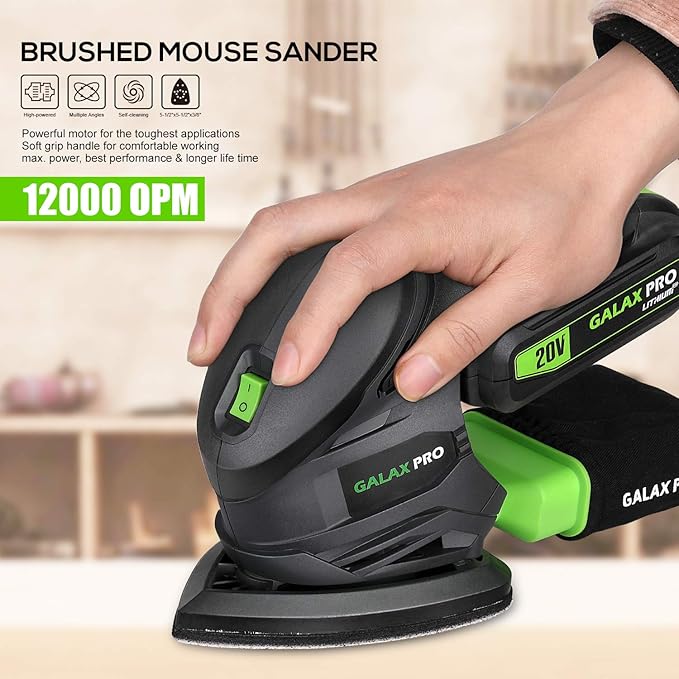 GALAX PRO Cordless Detail Sander 20V, 20Pcs Sandpapers,12000 RPM Sanders with Dust Collection System for Tight Spaces Sanding in Home Decoration, Battery and Charger Included