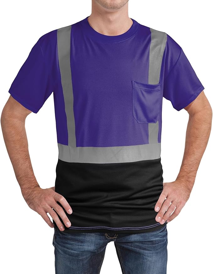 High Visibility Shirts Quick Dry Safety T Shirts with Reflective Strips and Pocket Short Sleeve Mesh Hi Vis Construction Work Class 2 Shirt for Men/Women Black Bottom Purple,Medium