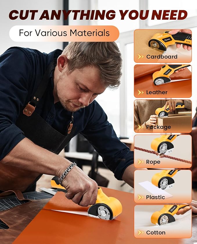 Saker Cordless Electric Scissors,Cardboard Box Cutter,4V Rechargeable Rotary Cutter with Safety Lock & LED Light,Cardboard Cutter for Cutting of Fabric, Leather, Carpet, Plastic, and More(2 Blades)