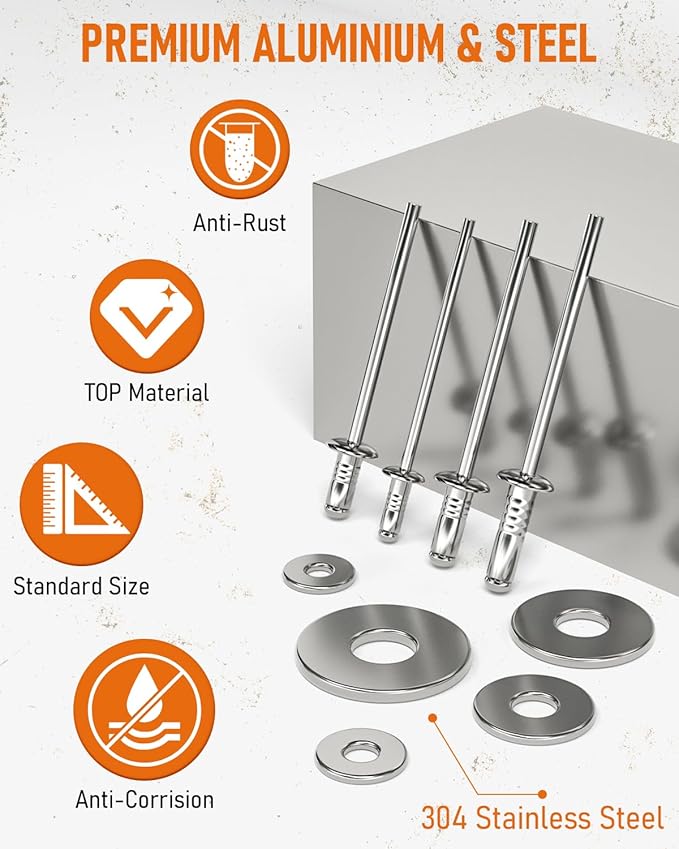 INCLY 1000PCS Aluminum Pop Rivets Assortment Kit, 14 Sizes Pop Rivets (3/32" 1/8" 5/32" 3/16" 1/4") with 5 Size 304 Stainless Steel Backup Washers, Assorted Blind Rivets for Metal with Storage Case
