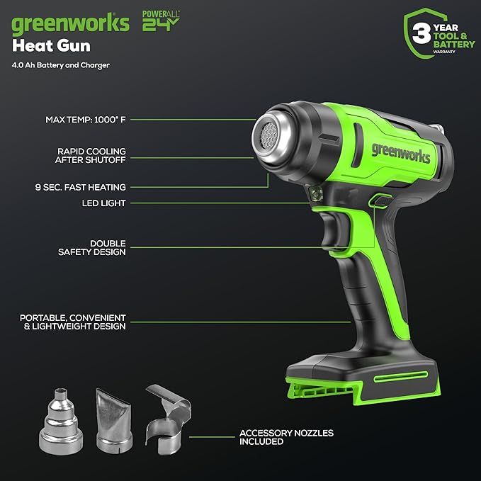 Greenworks 24V Cordless Heat Gun, Deflector Nozzle、Concentrator Nozzle And Flat Nozzle High Temperature Of 1000℉, Bare Tool