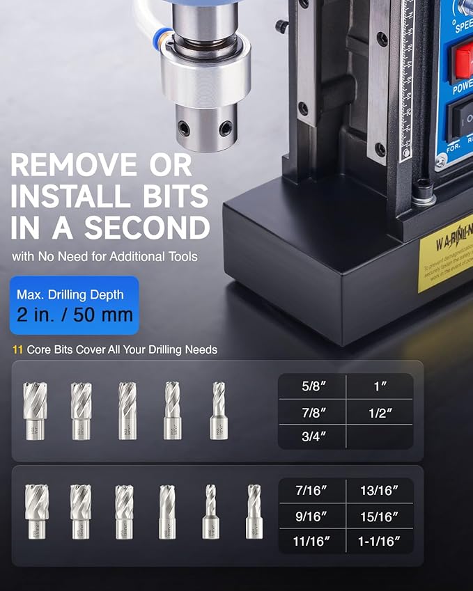 ZELCAN Magnetic Drill Press with 11 Drill Bits, 1550W Mag Drill Press with 2" Dia. 3125 lbf/13900N Mag Force, 650 rpm Power Magnetic Drill with Stepless Speed & Reversible Direction for Metal Surface