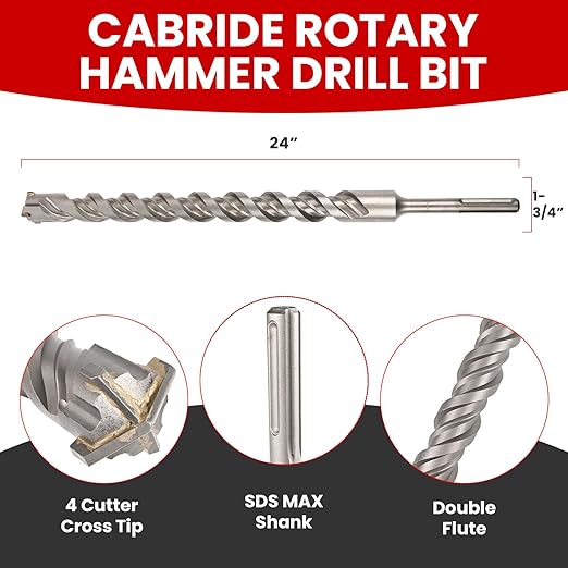 1-3/4 X 24 in SDS MAX Bits, Rotary Hammer Drill Bits, Carbide Drill Bits, Masonry Drill Bits for Concrete, Stone and Brick, SDS MAX Hammer Double Flute, Masonry Drill Bit, Concrete Drill Bit