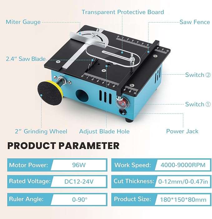 Mini Table Saw, 96W Dual Motor Control 4 Blades Set Cut Thickness 12MM 0-90° Adjust Small Table Saw for Hobby DIY Model Wood Cutting